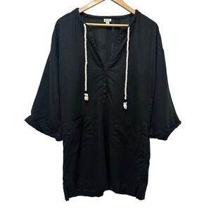 J. Crew Beachwear Linen Cotton Tunic Dress Women Medium Black Resort Cover Up